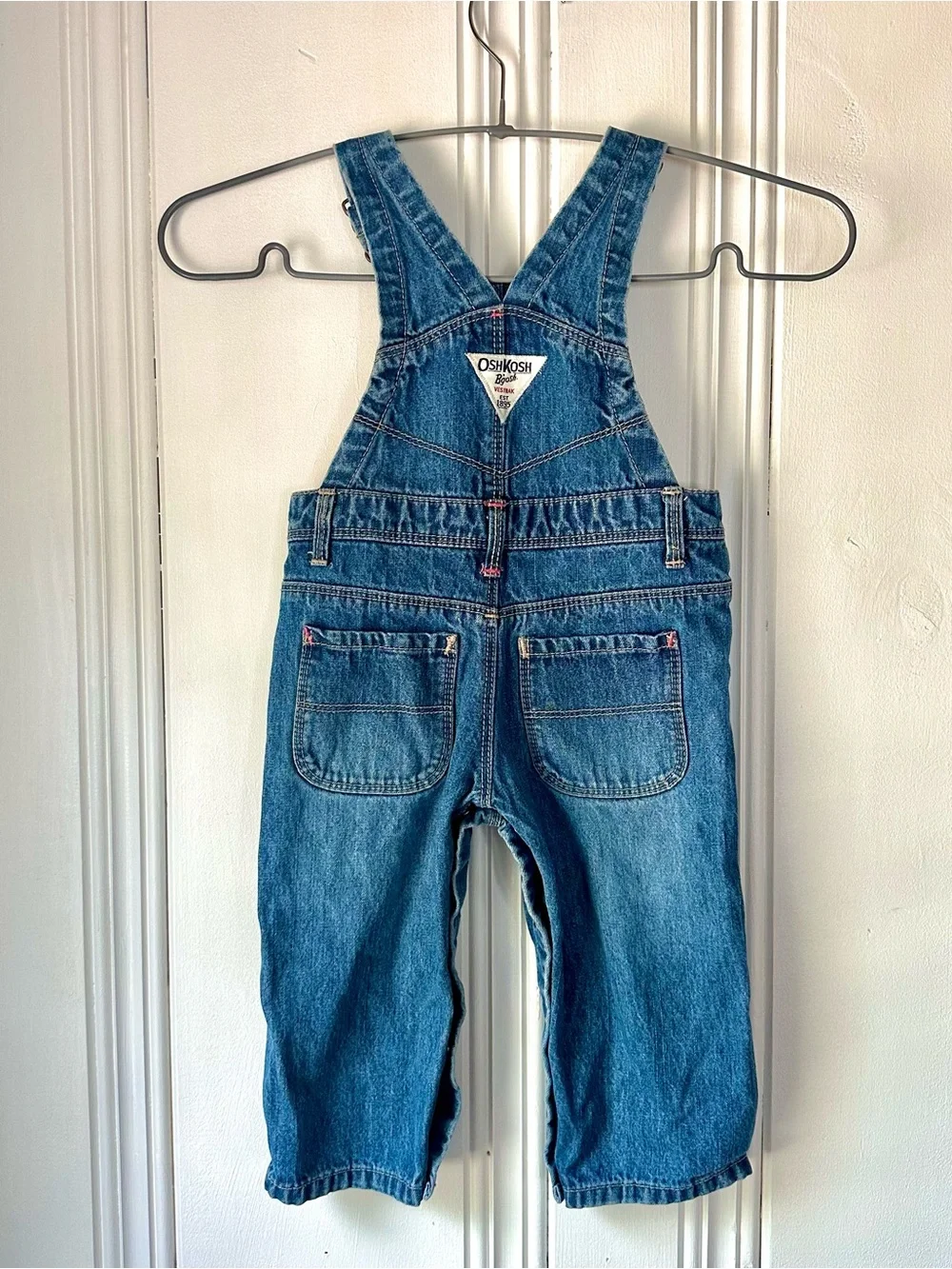 OshKosh B'gosh Blue Denim Overalls with Pink Stitching 12M
